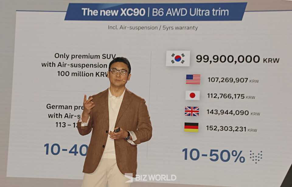 이윤모 대표가 신형 XC90과 S90의 가격을 글로벌 판매가 중 가장 합리적으로 책정해 공급하게 됐다고 설명하고 있다. 사진=손진석 기자