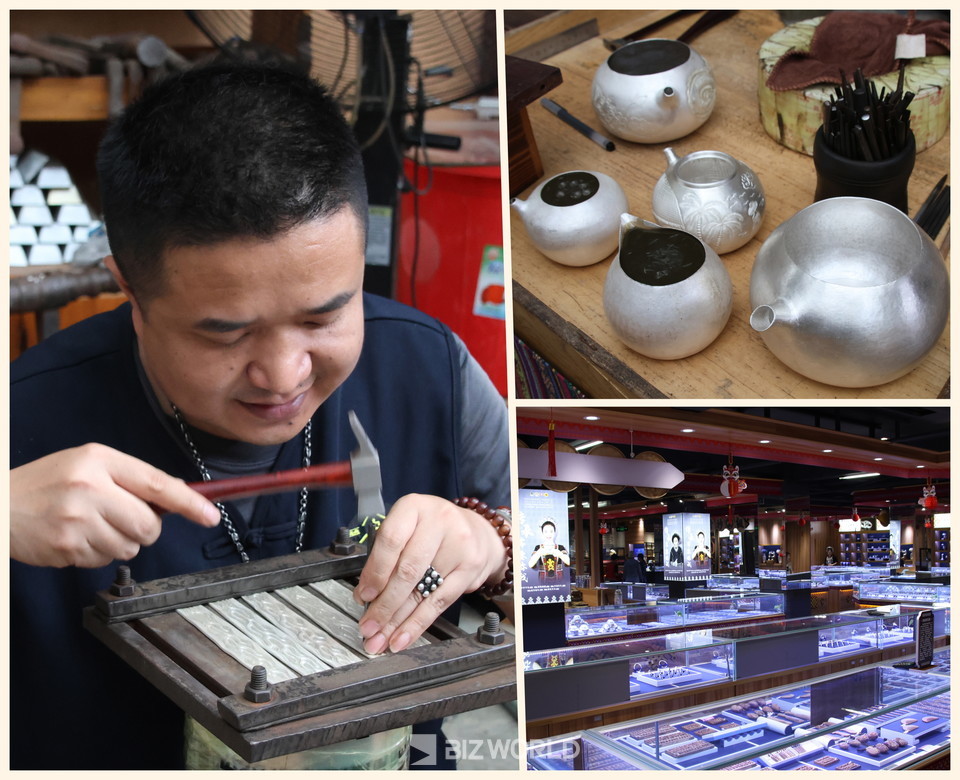 ]은세공 장인이 작업하는 모습(왼쪽), 은세공작품(오른쪽 아래)과 은세공품 판매 매장. 사진=손진석 기자