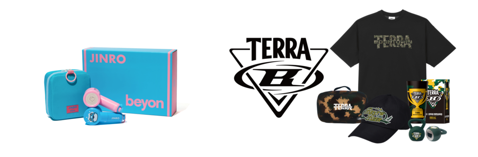'진로X비욘' 협업 굿즈(왼쪽), '테라X본투윈' 협업 굿즈. 사진=하이트진로 