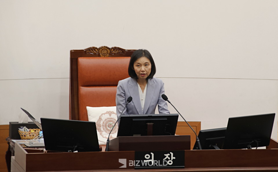 최호정 서울시의회 의장이 제332회 임시회 개회식에서 개회사를 하고 있다. 사진=손진석 기자