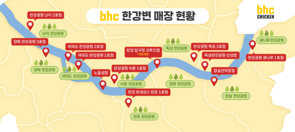 한강 주변 bhc 매장 입점 현황. 사진=다이닝브랜즈그룹