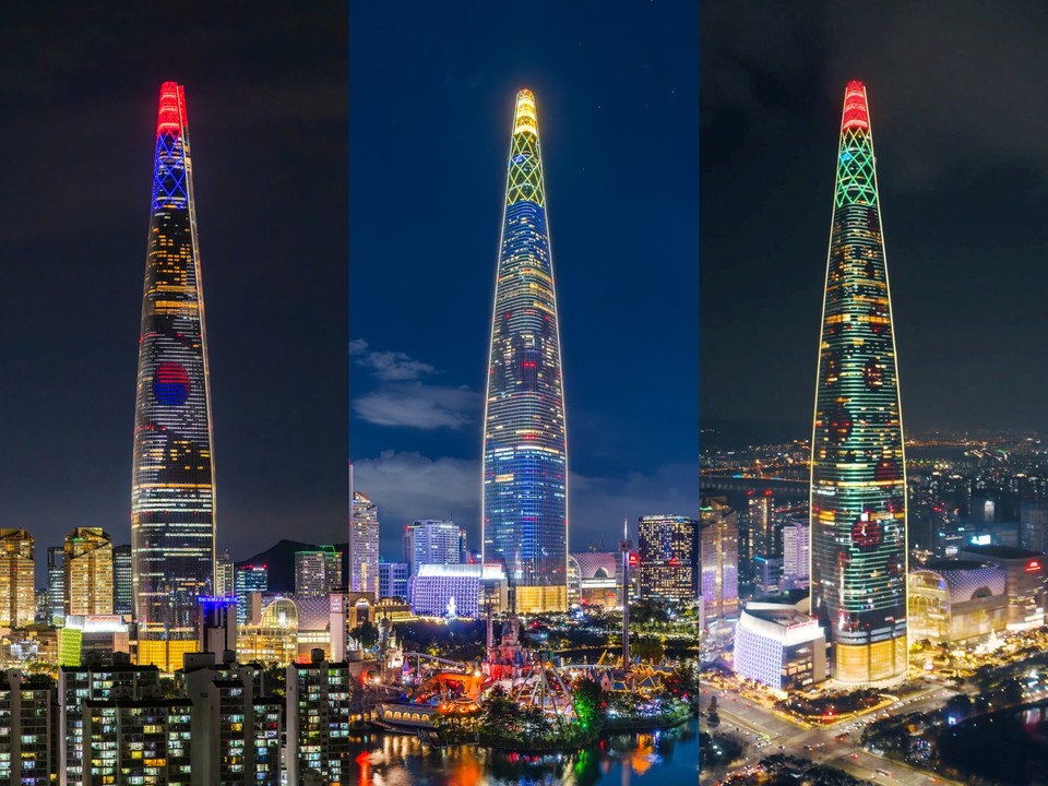 롯데월드타워 미디어파사드 시그니처 콘텐츠(왼쪽부터 광복절, 달토끼, 크리스마스 트리. 시진-롯데물산