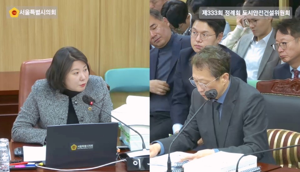 서울특별시의회 제333회 정례회 도시안전건설위원회 행정사무감사에서 이은림 시의원(왼쪽)이 물순환안전국장에게 질의하고 있다. 사진=서울시의회