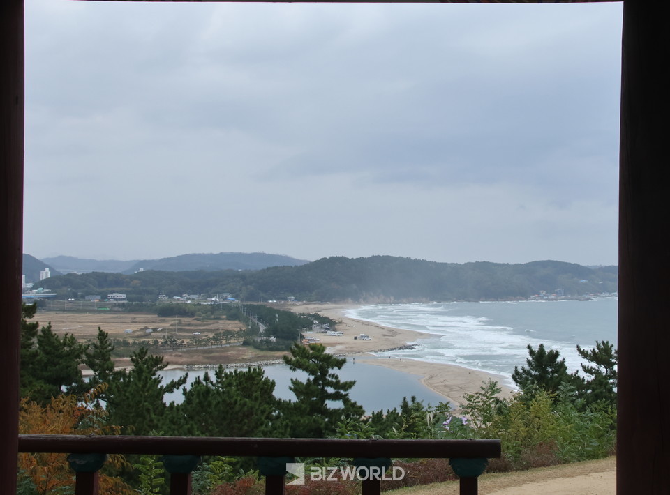 울진 망양정에서 바라본 왕피천과 바다가 만나는 지점. 사진=손진석 기자