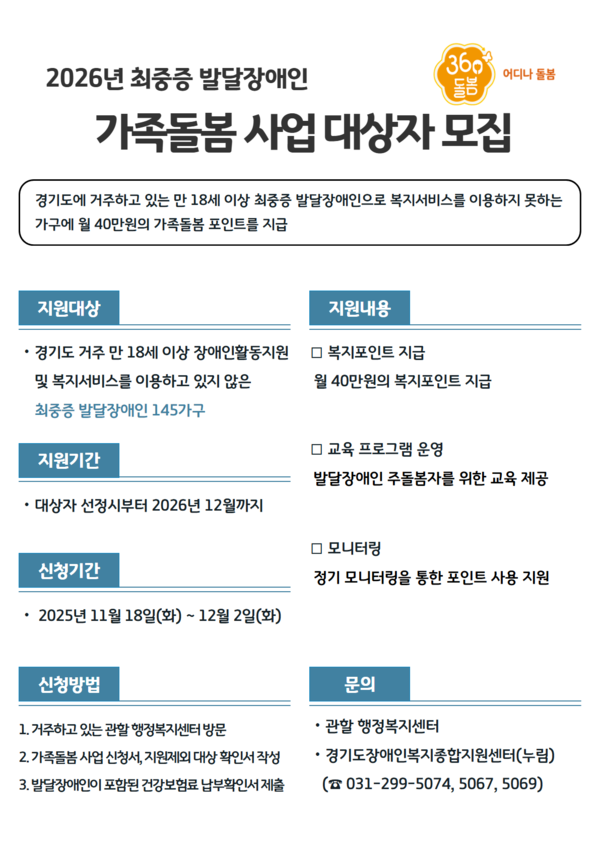 경기도가 2026년 ‘최중증 발달장애인 가족돌봄 사업’ 대상자 145가구를 오는 12월 2일까지 모집한다고 밝혔다. 사진=경기도
