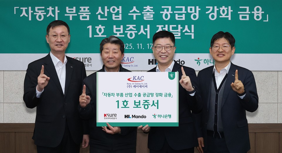 하나은행은 지난 17일 HL만도, 한국무역보험공사와 함께 '자동차 부품 산업 수출 공급망 강화를 위한 금융지원' 1호 지원 기업인 (주)케이에이씨를 방문해 보증서를 전달하고 유동성 지원 등 내실 있는 금융지원을 이어가기로 했다. 강원도 원주시에 있는 케이에이씨 반계 공장에서 열린 이날 행사에 참석한 진건창 하나은행 외환 사업본부장(왼쪽 세 번째)이 김성일 HL만도 부사장(왼쪽 첫 번째), 하영봉 케이에이씨 대표(왼쪽 두 번째), 장진욱 한국무역보험공사 부사장(왼쪽 네 번째)과 기념촬영을 하고 있다. 사진=하나은행
