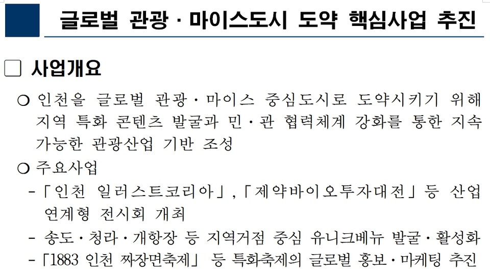 인천시(시장 유정복)가 인천을 글로벌 관광·마이스 중심도시로 도약하기 위해 지역 고유의 관광자원을 활용해 산업과 문화가 결합된 특화 콘텐츠를 발굴하고 민·관 협력체계를 강화해 지속 가능한 관광산업 기반을 마련한다고 밝혔다. 사진=인천시
