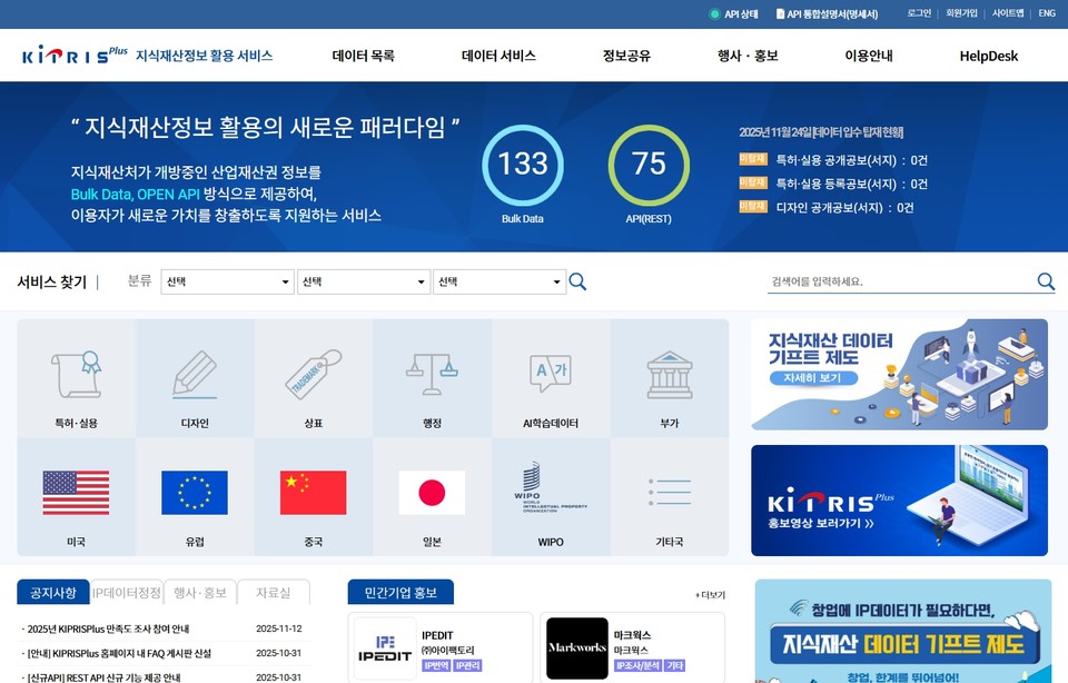 지식재산처(처장 김용선)는 오는 11월 27일부터 일본 특허공보(특허 출원과 특허권에 대한 정보를 일반 대중에게 공시하는 관보) 한글번역문 데이터 1757만건을 특허정보 개방 플랫폼 '키프리스플러스(KIPRISplus, plus.kipris.or.kr)'를 통해 무료 개방한다고 24일 밝혔다. 사진=키프리스플러스