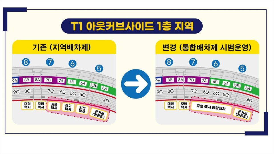 인천공항 제1여객터미널 통합배차제 시범운영 지역. 사진=인천국제공항공사